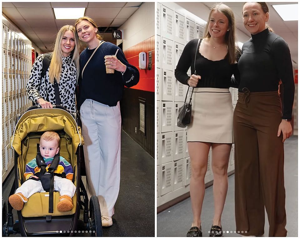 Ottawa players Emerance Maschmeyer, baby, Beckham, and Emily Clark (left photo)/Victoria Bach and Jocelyne Larocque (right photo)/ (via Instagram/@kasloane)